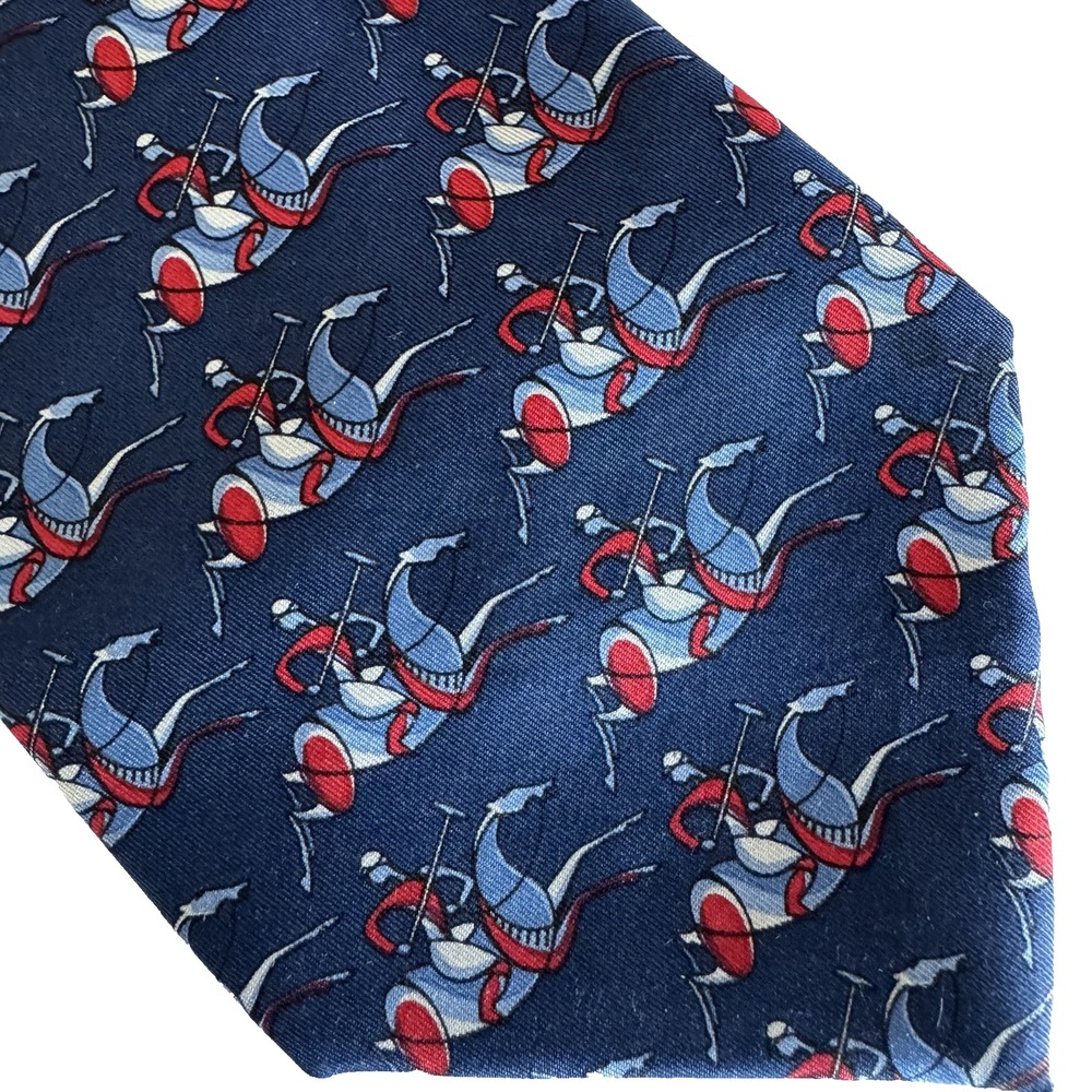 Salvatore Ferragamo Polo Player Necktie Mens OS Navy Blue Silk‎ Equestrian Italy